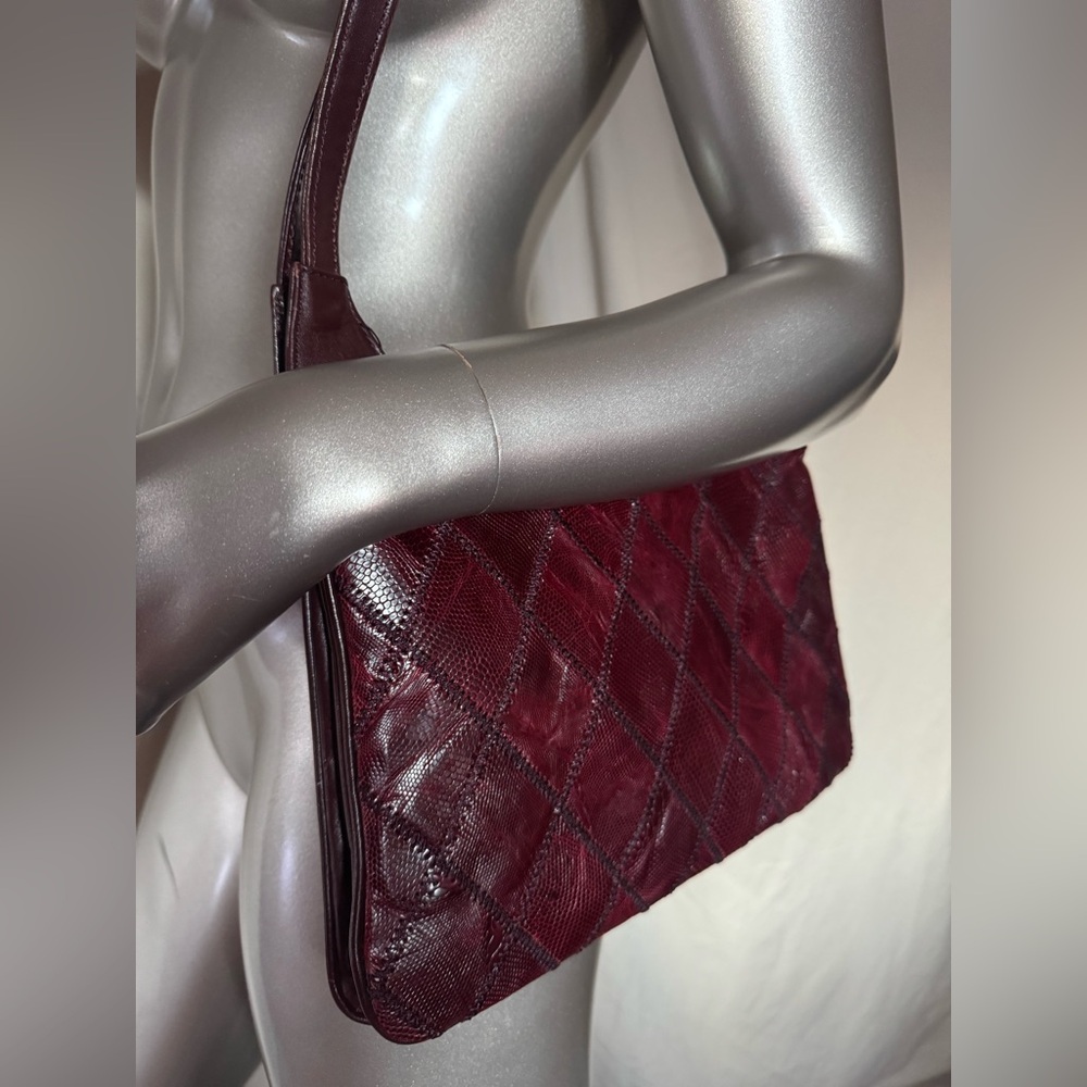 Vintage Exotic Genuine Lizard Patchwork Handbag Purse, Deep Cognac Burgandy